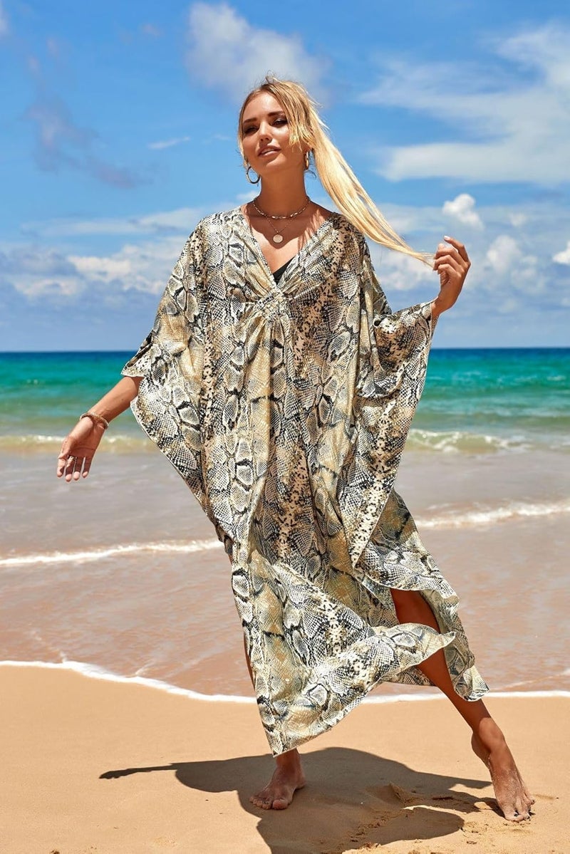 IMAGEKOPE Women's Plus Size Animal Print V-Neck Batwing Kaftan Beach Dress Bathing Suit Cover-Up Loungewear - Image 2